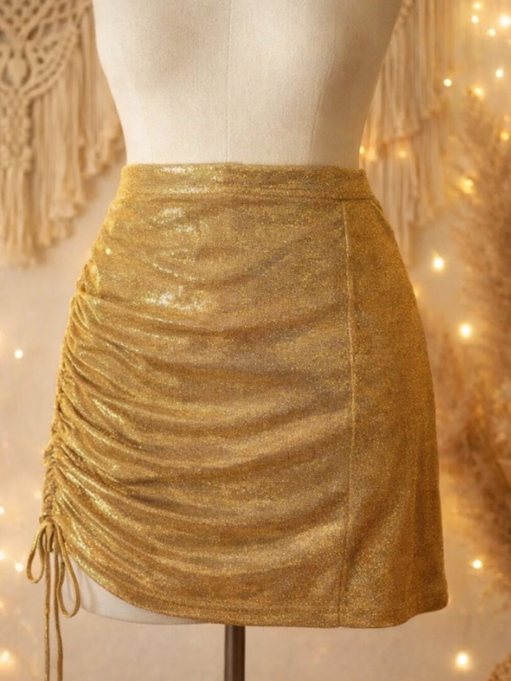 Shein Curve Metallic Gold Ruched Lace‑Up Skirt 3XL Partywear Y2K Night Out Glam
